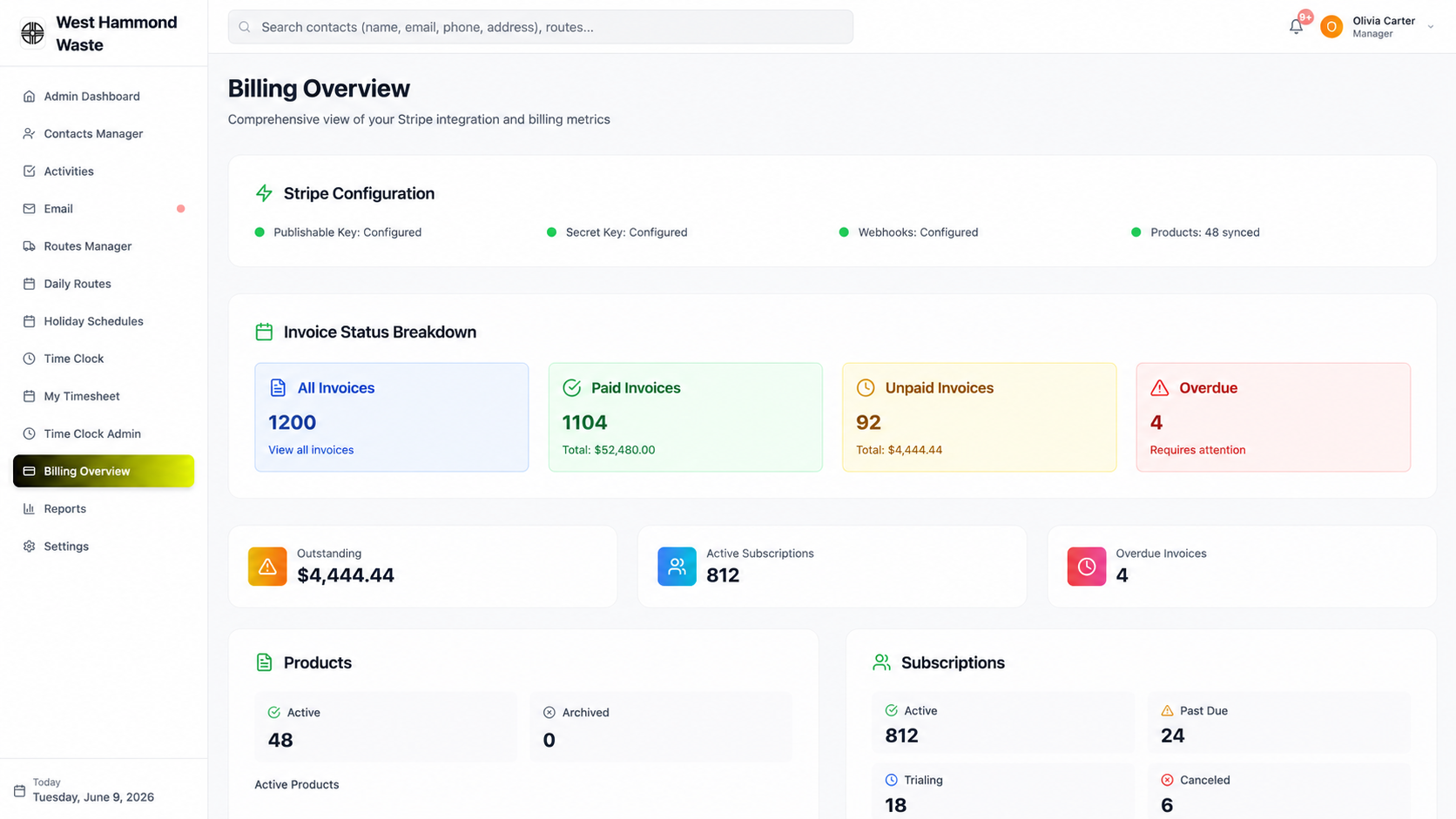 TackRoute billing overview with invoice status breakdown