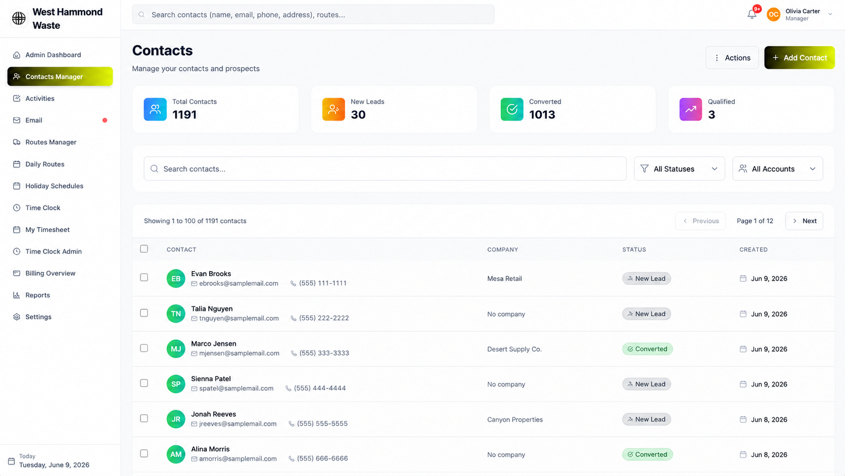 TackRoute contacts manager with customer status overview