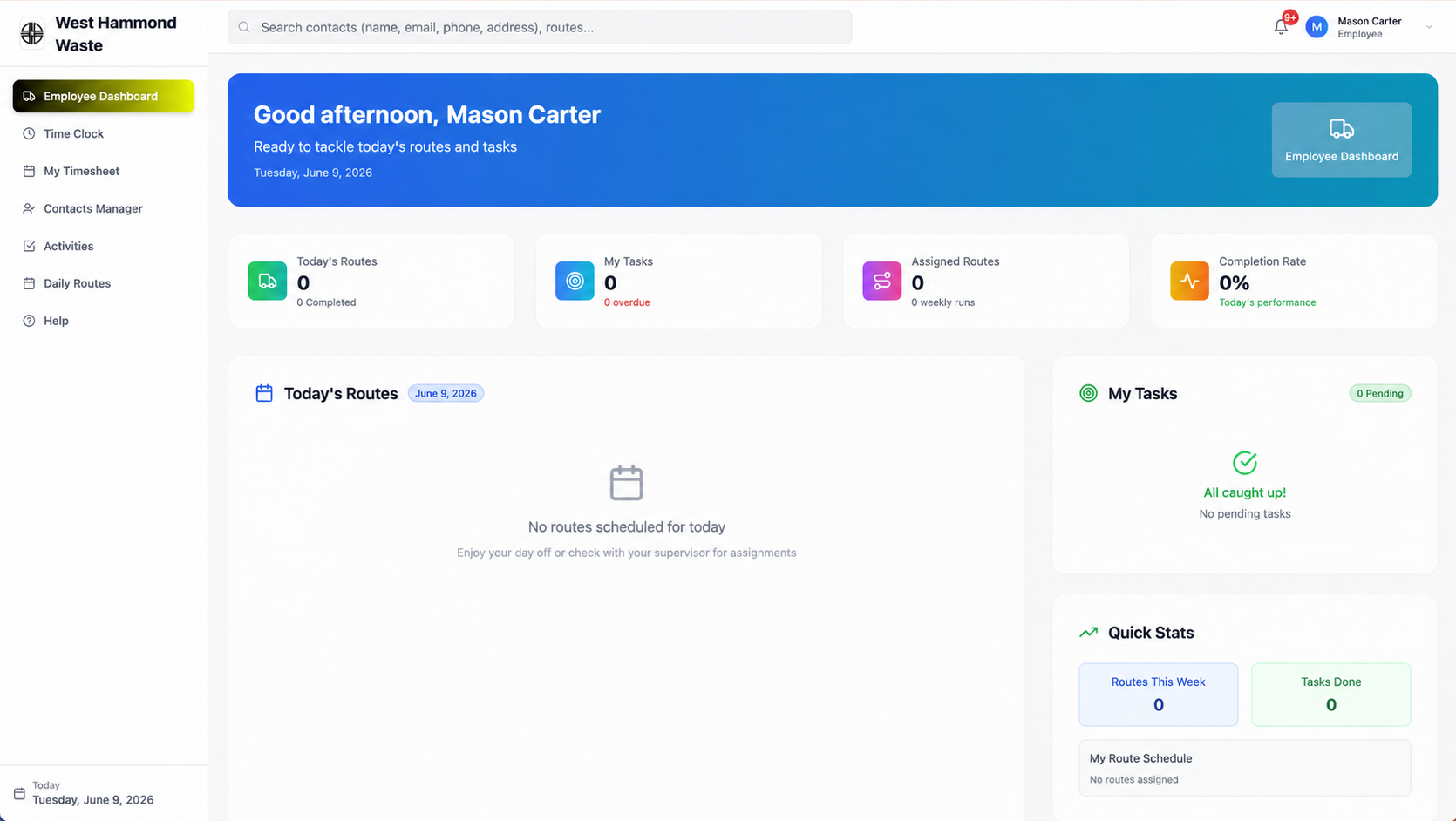 TackRoute employee dashboard with route assignments and tasks