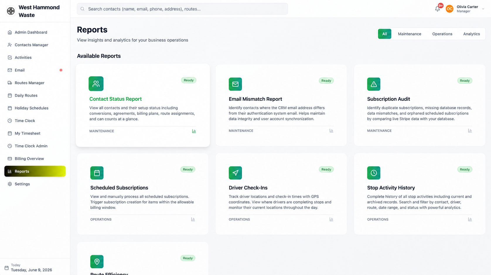 TackRoute reports dashboard with maintenance and operations analytics